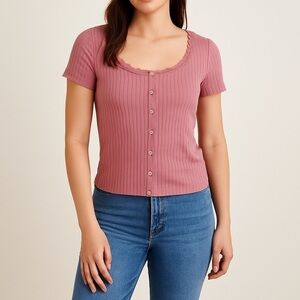 No Comment NY-LA Ribbed Button-Front Top | Mauve Pink | Size L ✨🌸